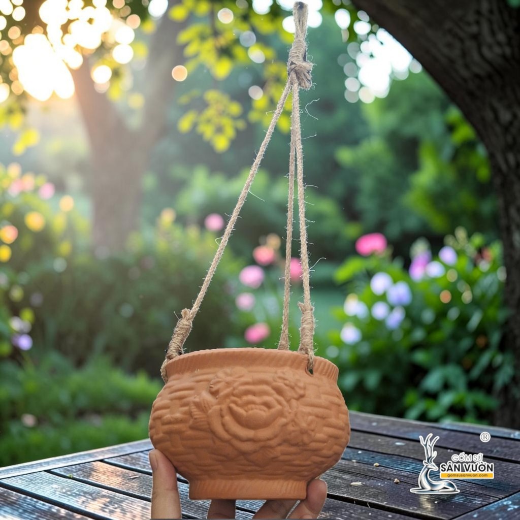 Chậu Treo Dây Gốm Đất Nung Hình Chum Hoa Văn 15 x 10cm - Gốm Sứ Sân Vườn