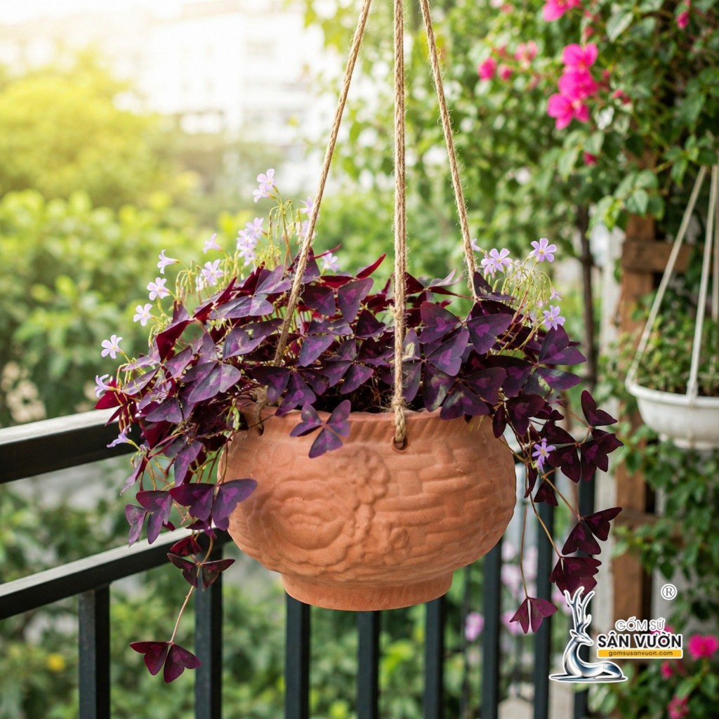 Chậu Treo Dây Gốm Đất Nung Hình Chum Hoa Văn 15 x 10cm - Gốm Sứ Sân Vườn