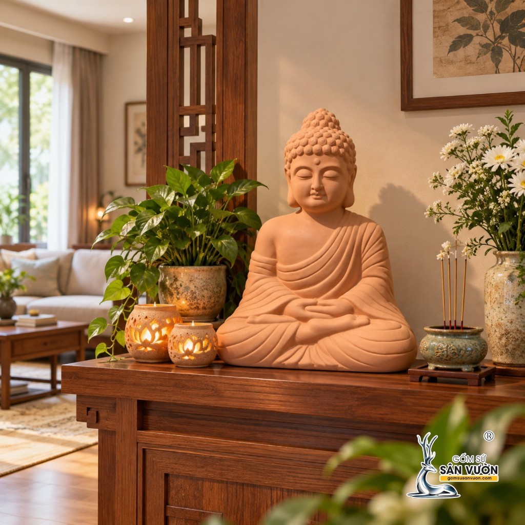 Tượng Gốm Đất Nung Hình Phật Ngồi Khoanh Chân - Gốm Sứ Sân Vườn