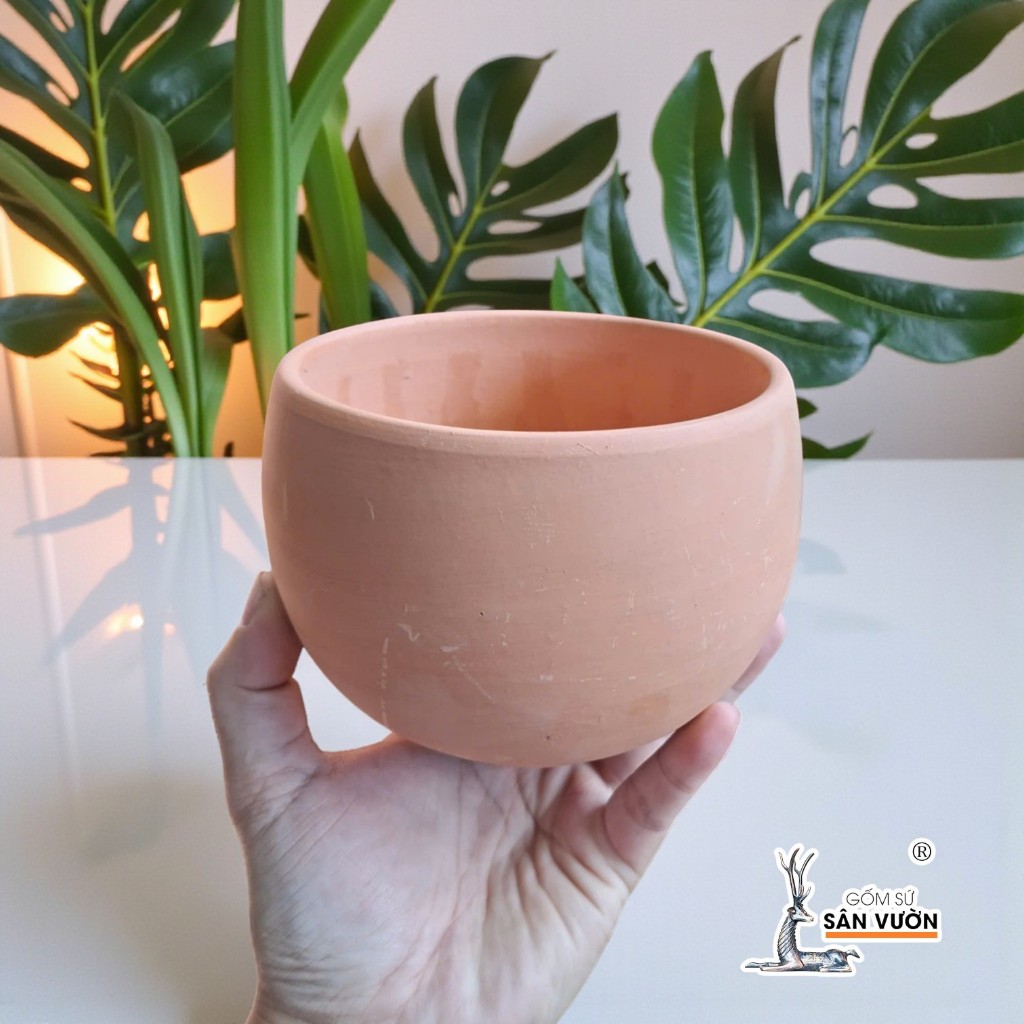 Chậu Gốm Đất Nung Dáng Trứng Tròn Trơn - Gốm Sứ Sân Vườn