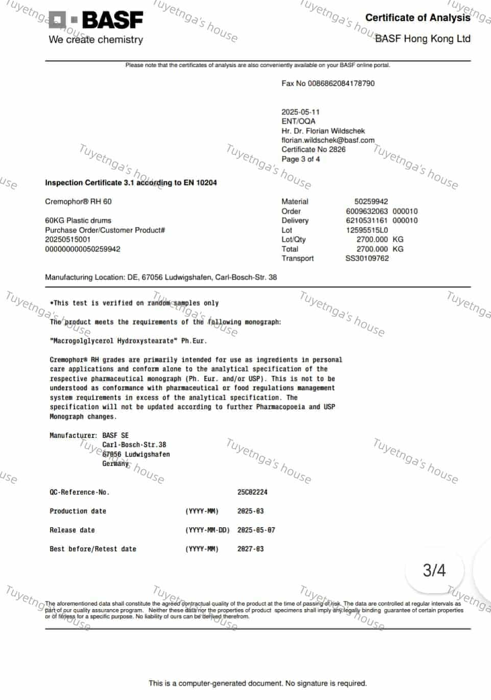 1kg /chất hòa tan tinh dầu Cremophor RH60