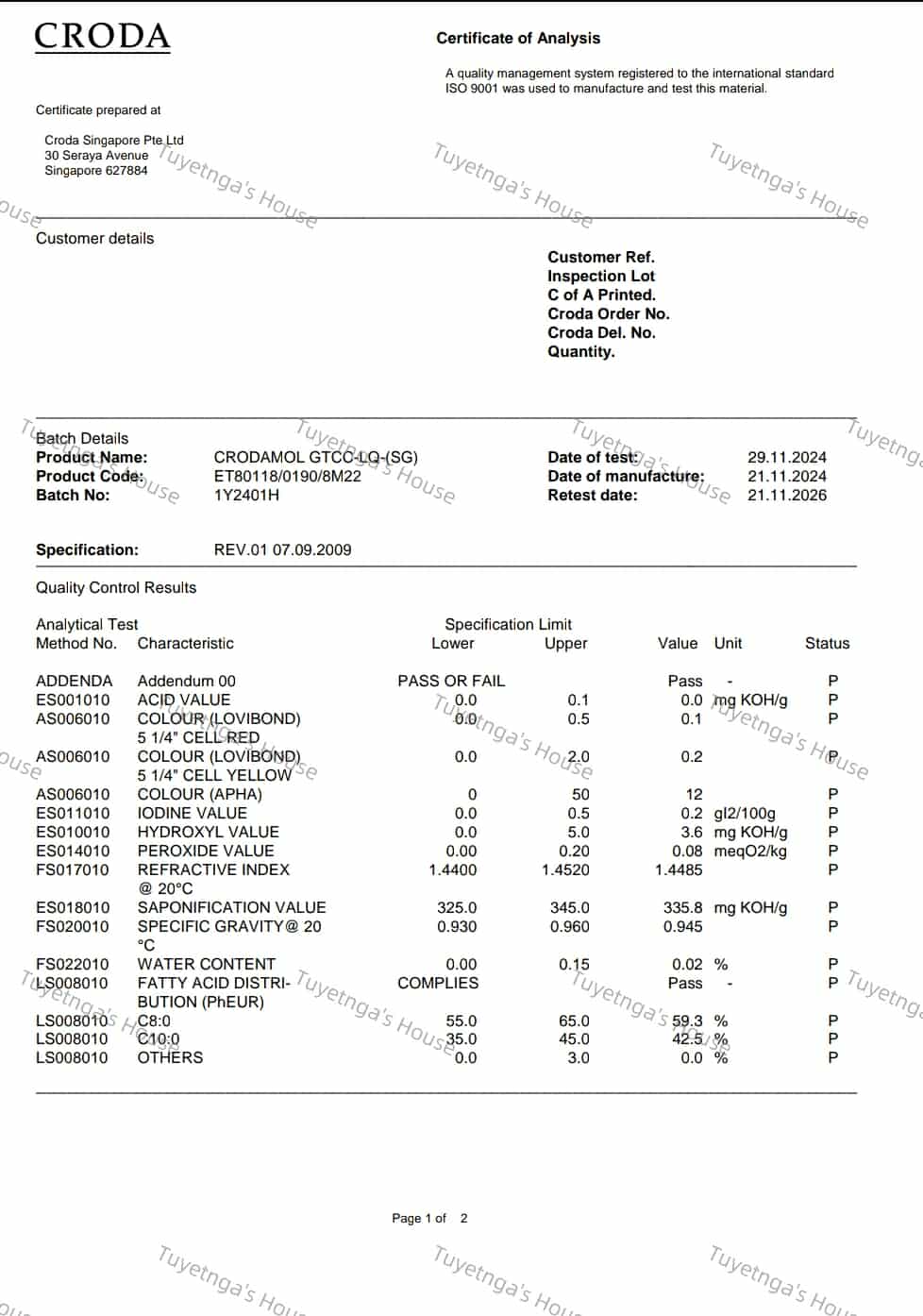 1000/ml Nguyên liệu mỹ phẩm thô Caprylic/Capric Triglyceride/Tridecanoic Acid của Anh