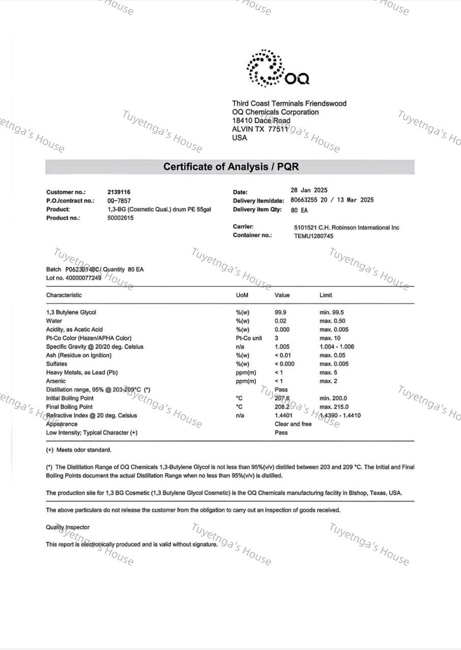 Hoạt Chất Dưỡng Ẩm Propanediol 1,3(1,3 Butylene glycol)