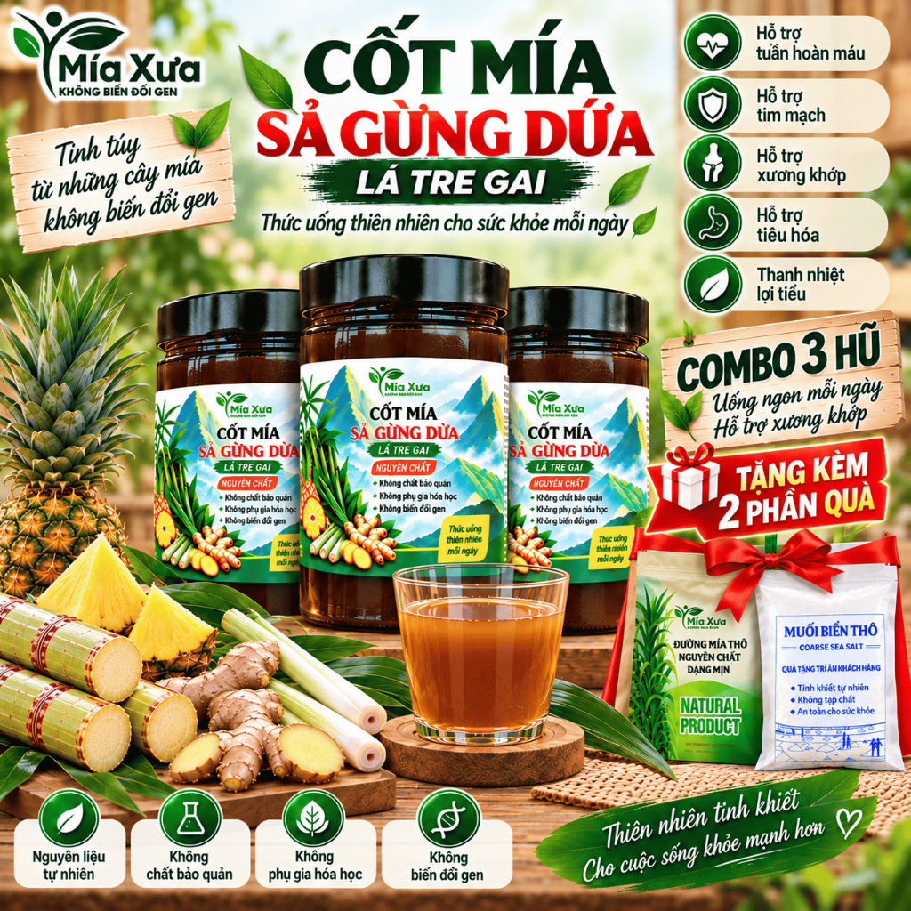 Combo 3 Hũ Cốt Mía Sả Gừng Dứa Lá Tre Gai Mía Xưa Hũ 1Kg