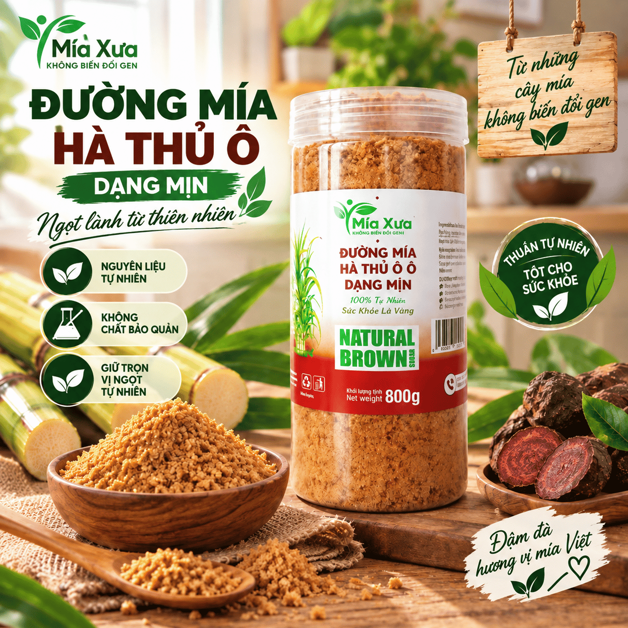 Đường Mía Hà Thủ Ô Dạng Mịn Mía Xưa Hũ 800g