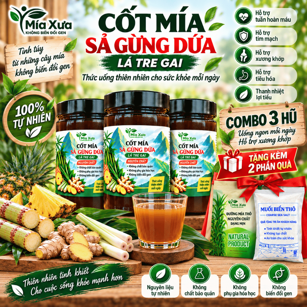 Combo 3 Hũ Cốt Mía Sả Gừng Dứa Lá Tre Gai Mía Xưa Hũ 1Kg