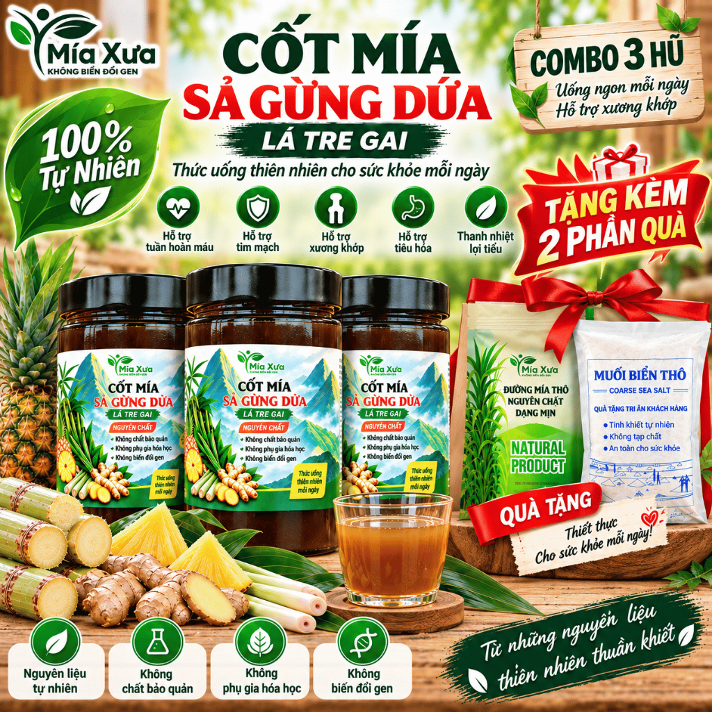Combo 3 Hũ Cốt Mía Sả Gừng Dứa Lá Tre Gai Mía Xưa Hũ 1Kg