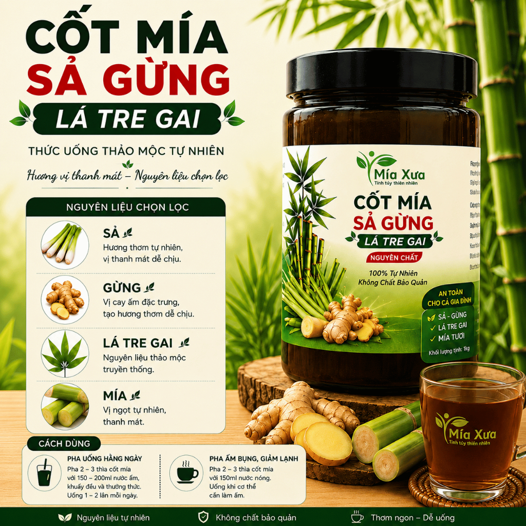 Cốt Mía Sả Gừng Lá Tre Gai Mía Xưa Hũ 1Kg