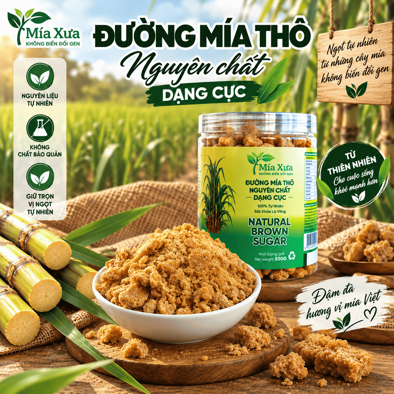Đường Mía Thô Nguyên Chất Dạng Cục Hũ 500g