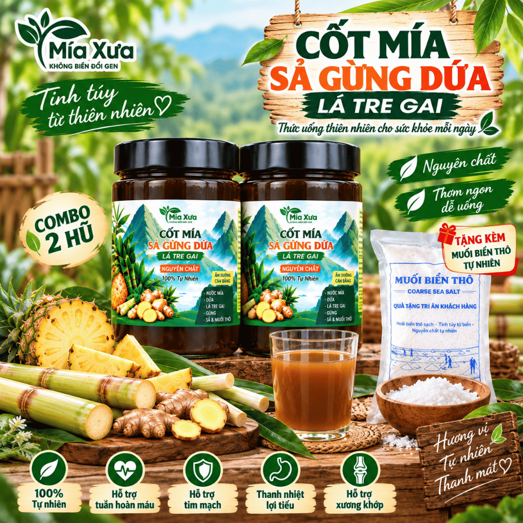 Combo 2 Hũ Cốt Mía Sả Gừng Dứa Lá Tre Gai Mía Xưa Hũ 1Kg