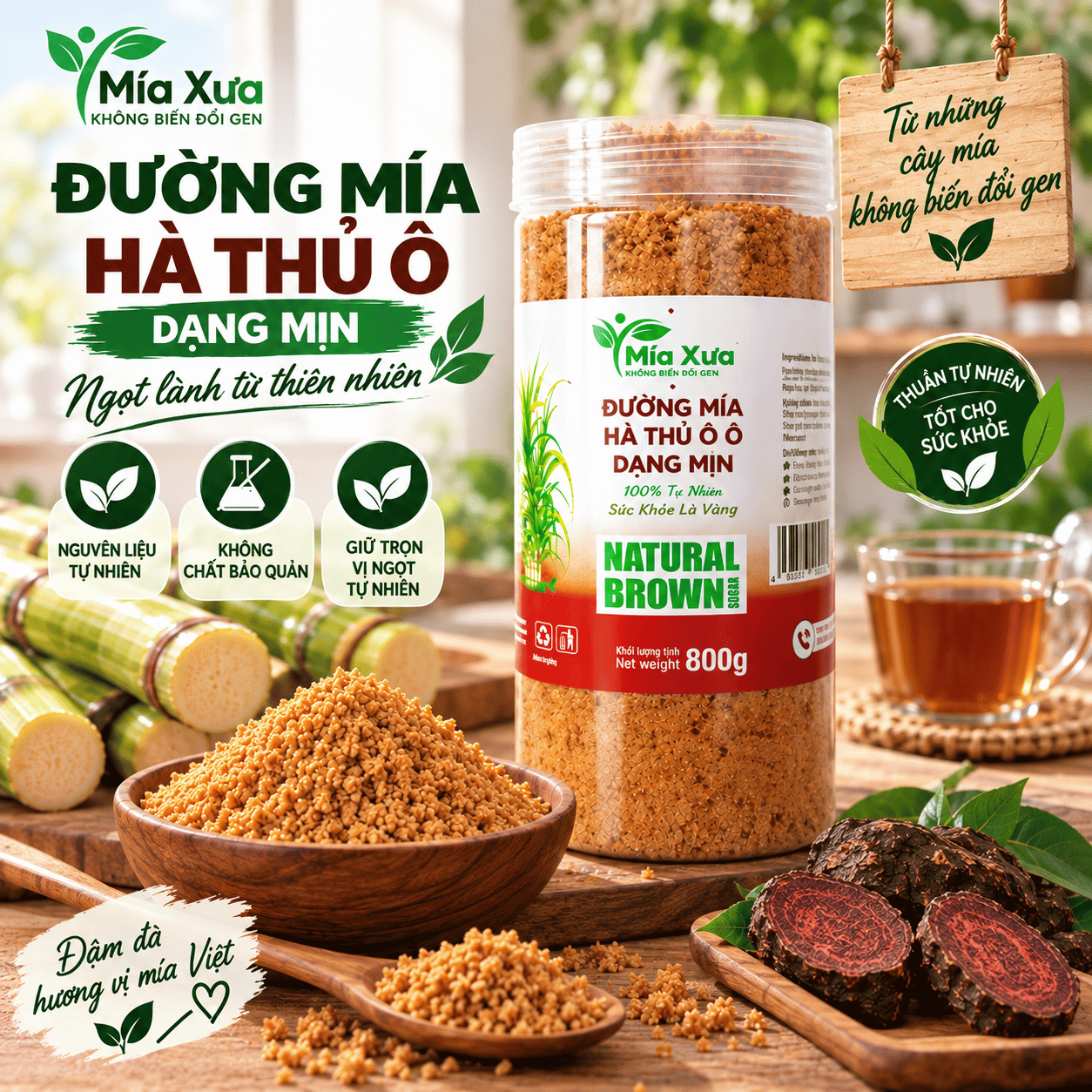 Đường Mía Hà Thủ Ô Dạng Mịn Mía Xưa Hũ 800g