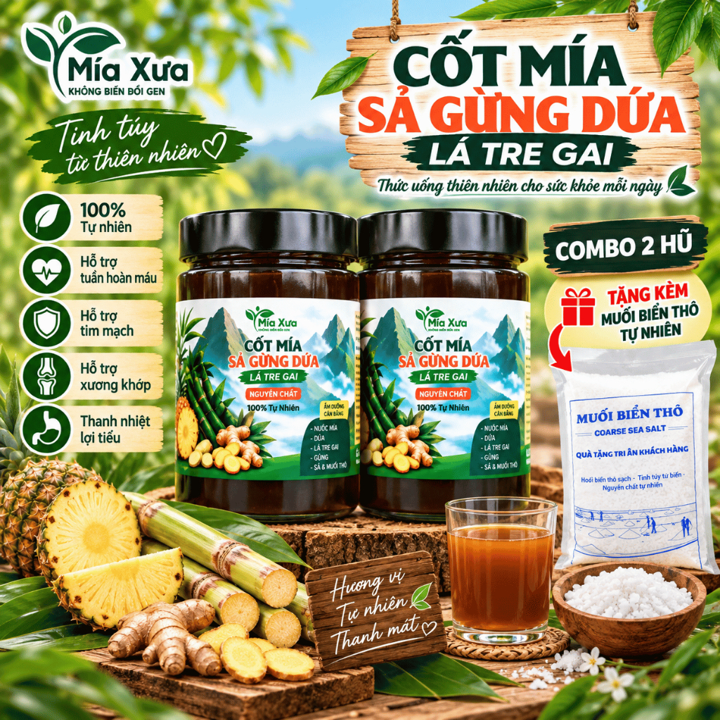 Combo 2 Hũ Cốt Mía Sả Gừng Dứa Lá Tre Gai Mía Xưa Hũ 1Kg