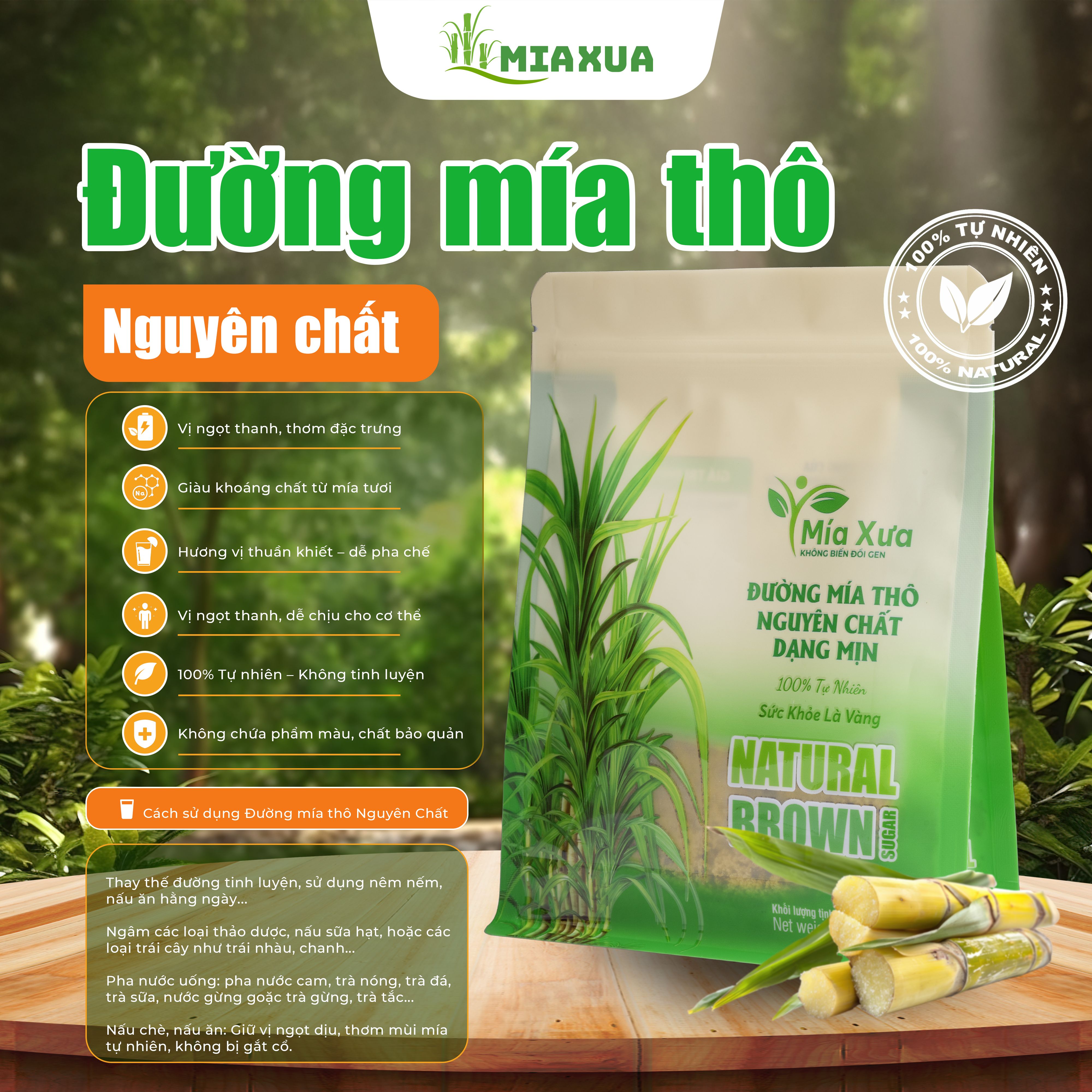 Combo 3kg Đường mía thô nguyên chất tặng kèm 1kg muối thô