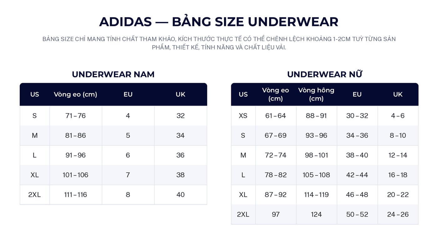 SIZE ADIDAS UNDERWEAR - NAM NỮ