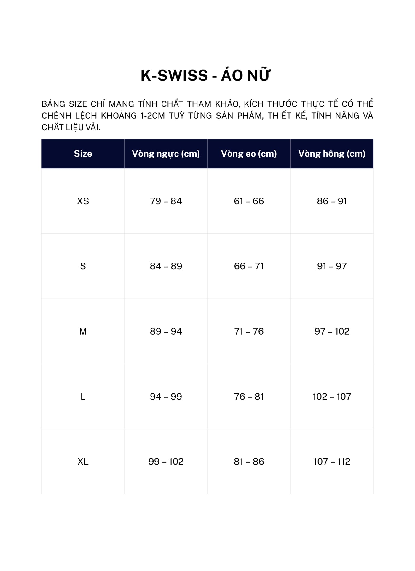 SIZE K-SWISS - ÁO NỮ