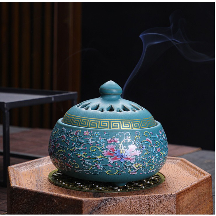Lư Xông Trầm Hương - Đỉnh Đốt Nhang Bằng Gốm Sứ Cao Cấp Có Hoa Văn Chạm Khắc rồng, sen, chú