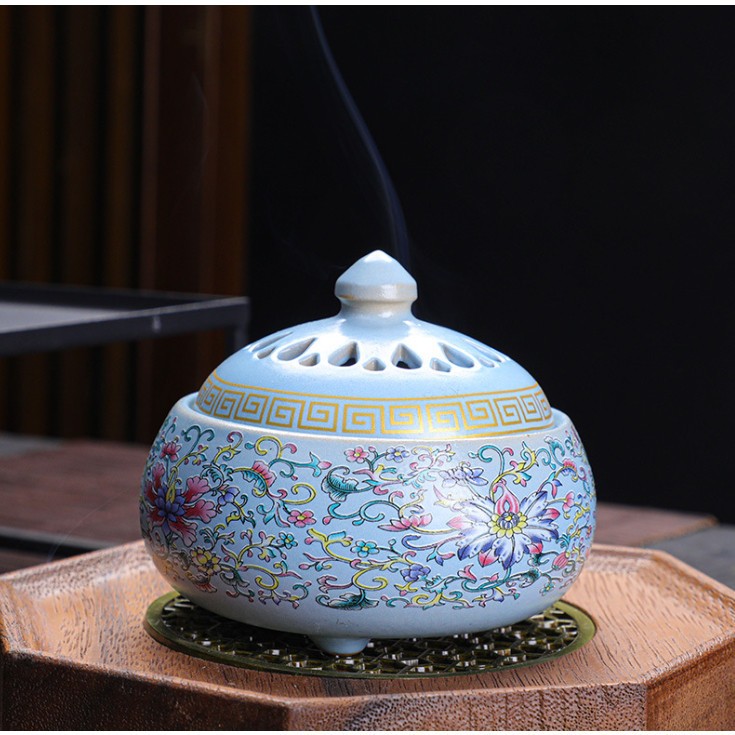 Lư Xông Trầm Hương - Đỉnh Đốt Nhang Bằng Gốm Sứ Cao Cấp Có Hoa Văn Chạm Khắc rồng, sen, chú