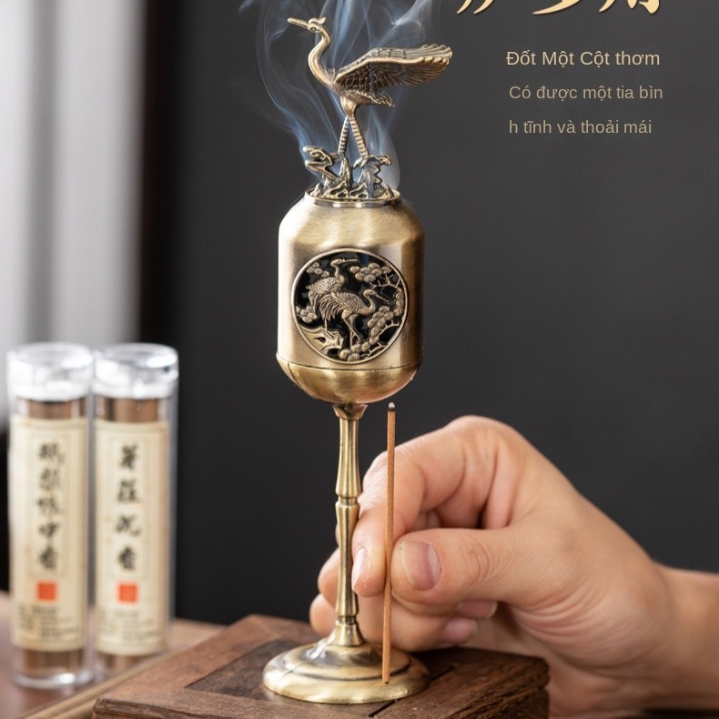 Lư Hương Hạc Cung Đình 100g – Lò Đốt Trầm Kim Loại Vạn Thọ – Kèm Đế Chống Cháy & Lỗ Cắm Nhang + Nhang Vân Mây