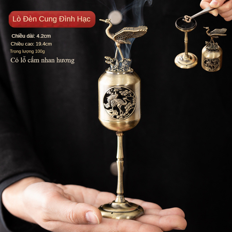 Lư Hương Hạc Cung Đình 100g – Lò Đốt Trầm Kim Loại Vạn Thọ – Kèm Đế Chống Cháy & Lỗ Cắm Nhang + Nhang Vân Mây