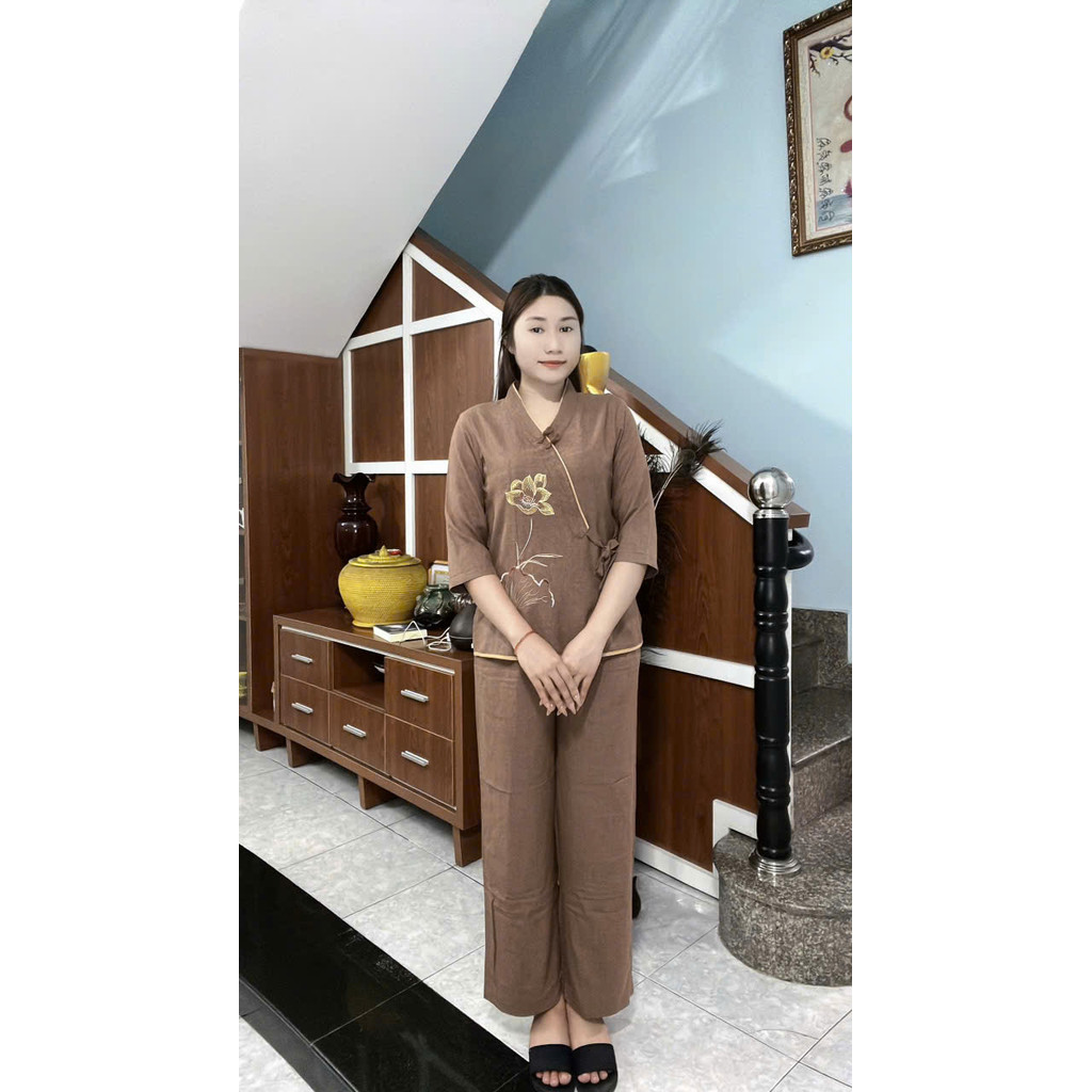 Bộ Pháp Phục Đi Chùa Vải Xô Ấn Vạt Lệch - Đồ Lam Đi Chùa