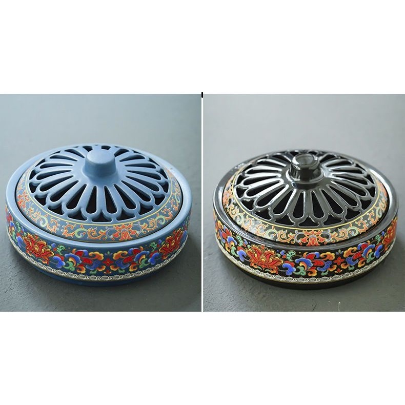 Lư Gốm Bẹt Xông Trầm Vẽ Gấm - Lò Xông Hương cao cấp