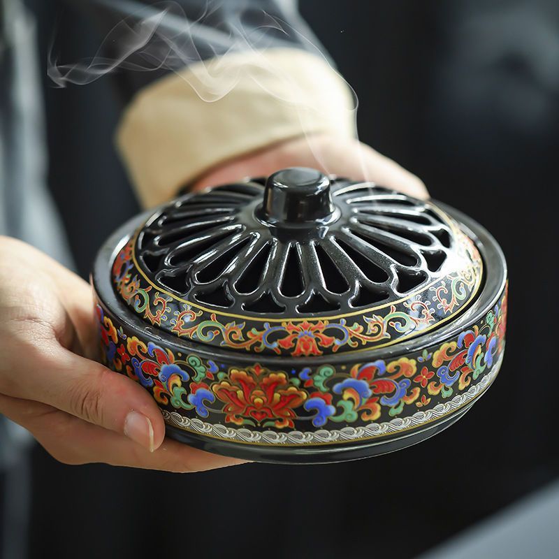 Lư Gốm Bẹt Xông Trầm Vẽ Gấm - Lò Xông Hương cao cấp