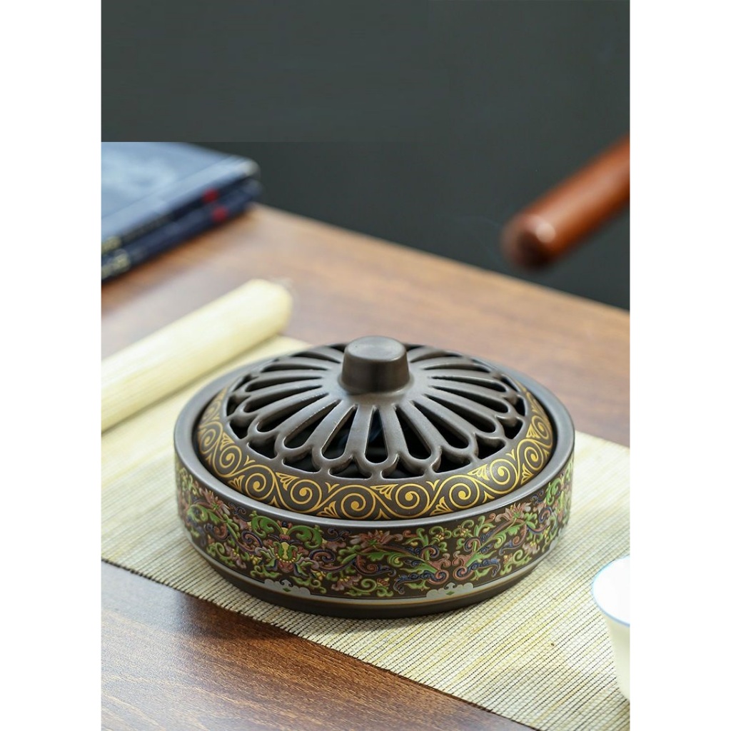 Lư Gốm Bẹt Xông Trầm Vẽ Gấm - Lò Xông Hương cao cấp