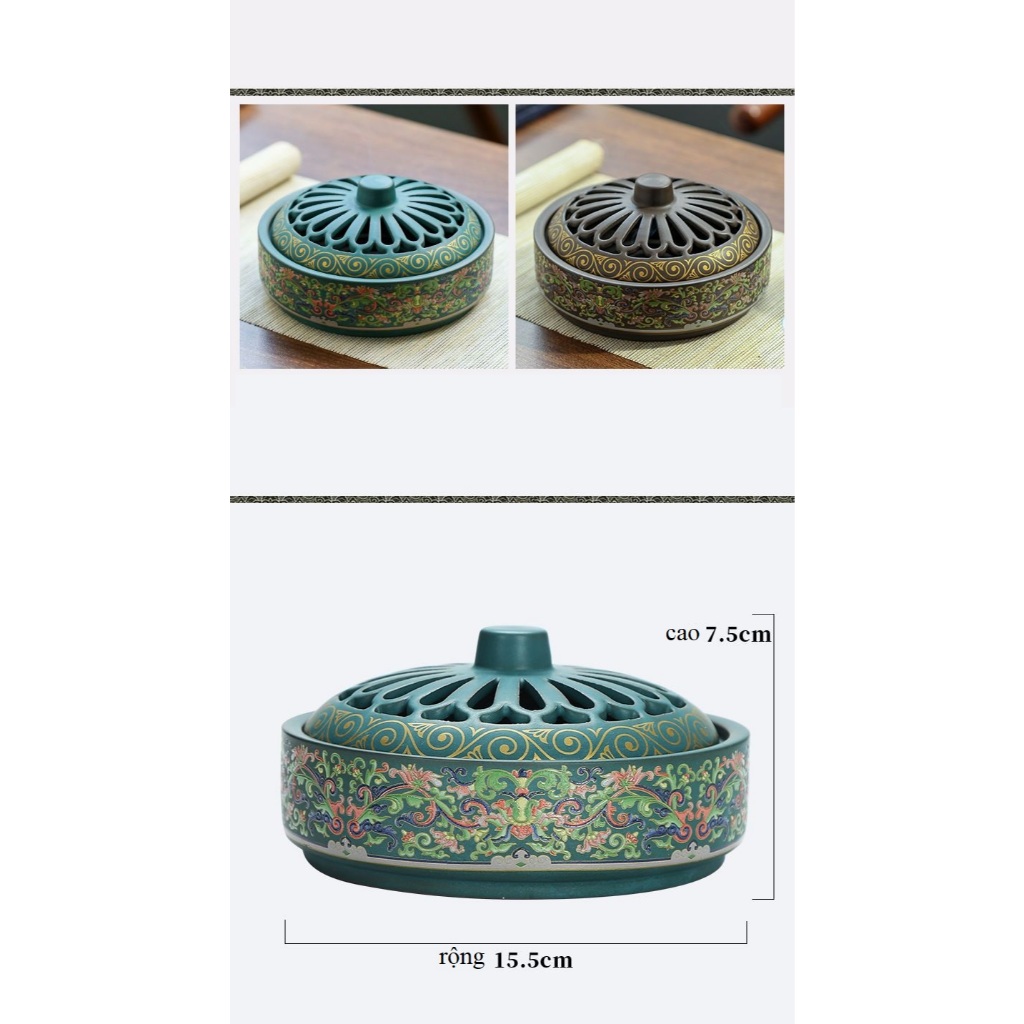Lư Gốm Bẹt Xông Trầm Vẽ Gấm - Lò Xông Hương cao cấp