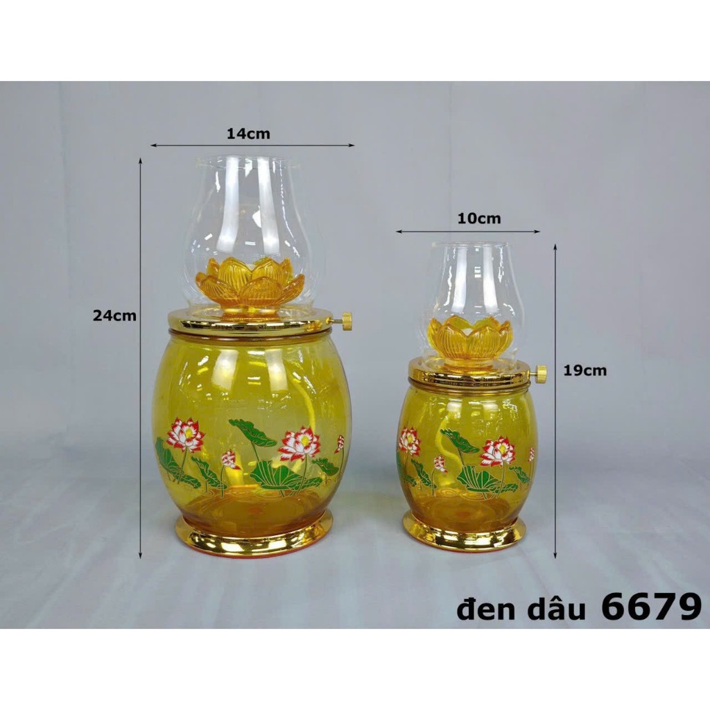 Đèn Thắp Dầu Lưu Ly Hoa Sen 6679 - Đèn Đế Đồng