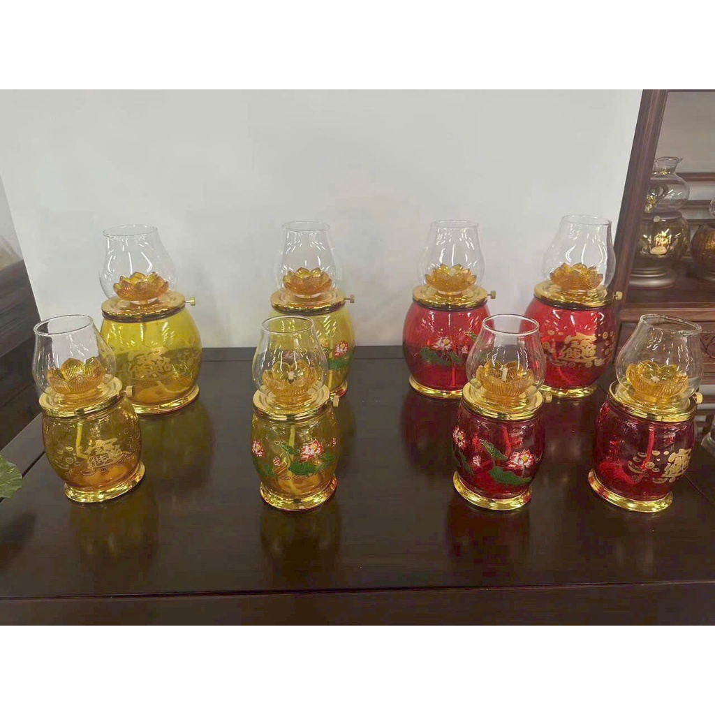 Đèn Thắp Dầu Lưu Ly Hoa Sen 6679 - Đèn Đế Đồng