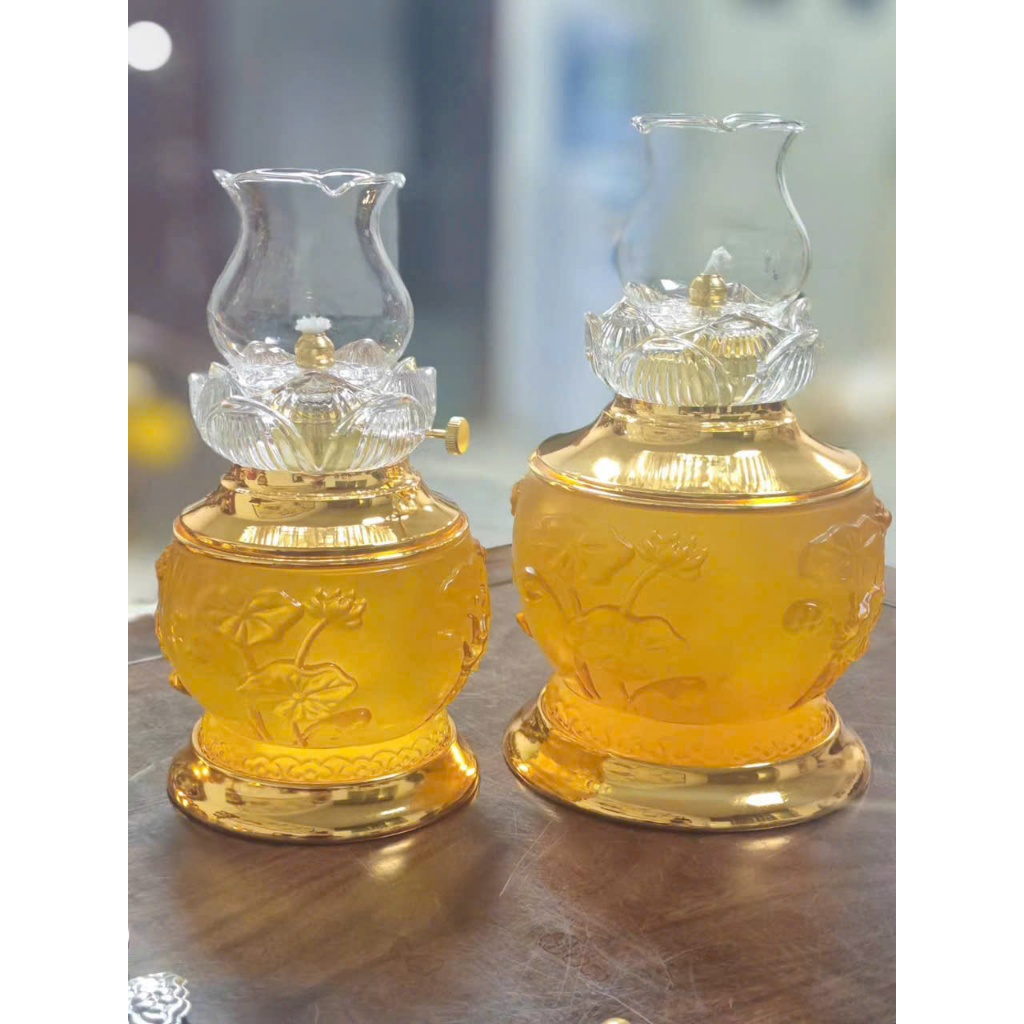 Đèn Thắp Dầu Lưu Ly AP018 - Đèn Thắp Dầu Hoa Sen Nổi