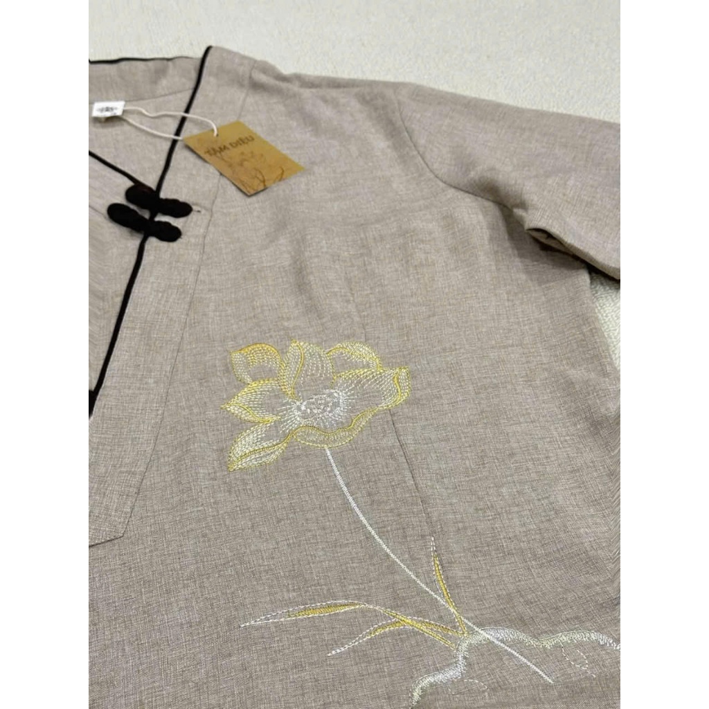 Bộ Pháp Phục Đi Chùa Vải Xô Ấn Vạt Lệch - Đồ Lam Đi Chùa