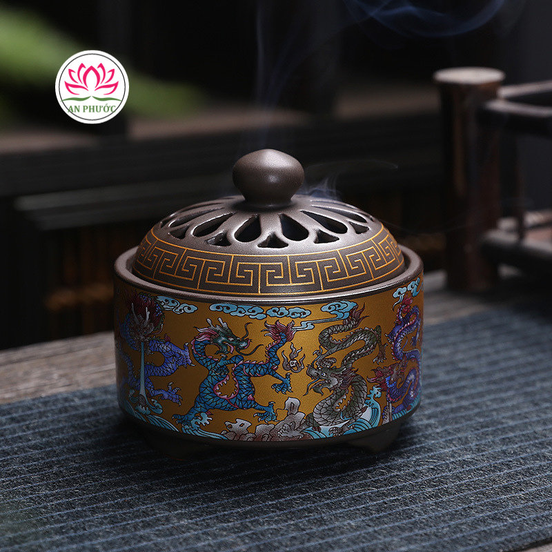 Lư Xông Trầm Hương - Đỉnh Đốt Nhang Bằng Gốm Sứ Cao Cấp Có Hoa Văn Chạm Khắc rồng, sen, chú