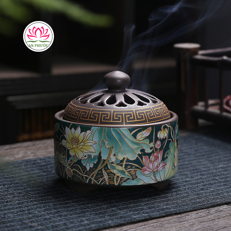 Lư Xông Trầm Hương - Đỉnh Đốt Nhang Bằng Gốm Sứ Cao Cấp Có Hoa Văn Chạm Khắc rồng, sen, chú