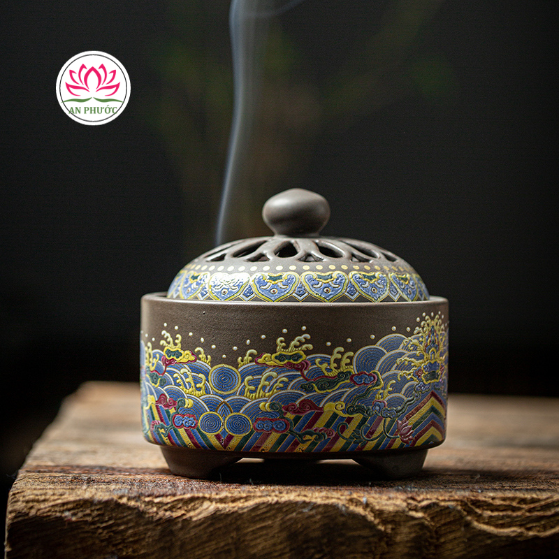 Lư Xông Trầm Hương - Đỉnh Đốt Nhang Bằng Gốm Sứ Cao Cấp Có Hoa Văn Chạm Khắc rồng, sen, chú