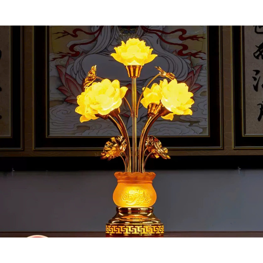Cặp Đèn Hoa Sen Vàng- Đèn Thờ Gia Tiên, Đèn Trang Trí Bàn Thờ– Mẫu 3 Bông / 5 Bông