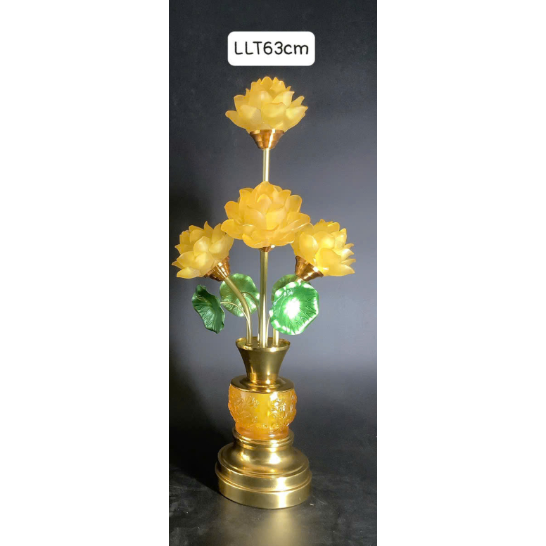 Cặp Đèn Hoa Sen Vàng Kèm Lá Xanh –Đèn Bàn Thờ Gia Tiên, Chùa- Cao 63cm / 68cm