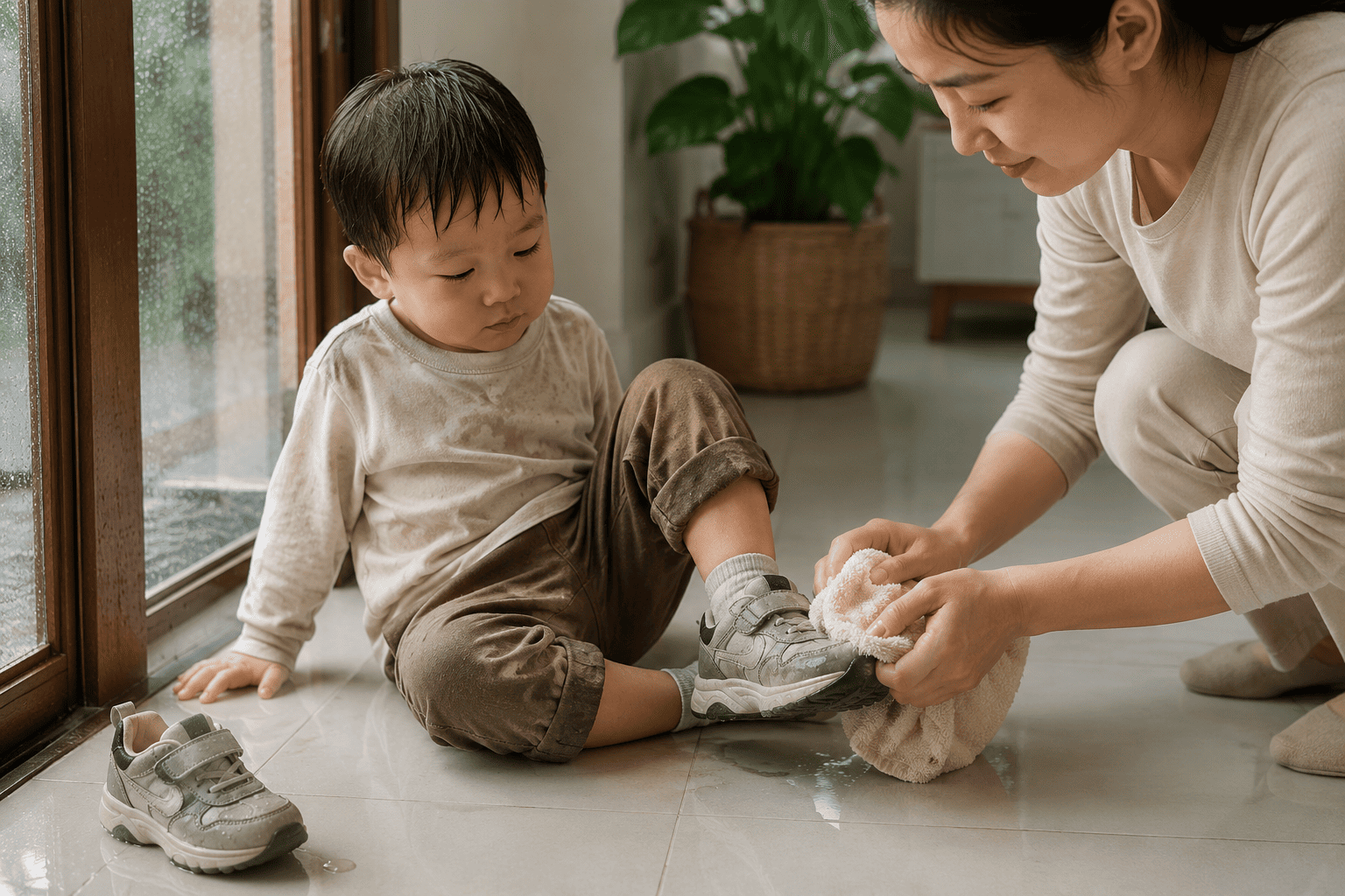 Giày bị ngấm nước mưa chưa khô hẳn: Có nên cho con đi tiếp?