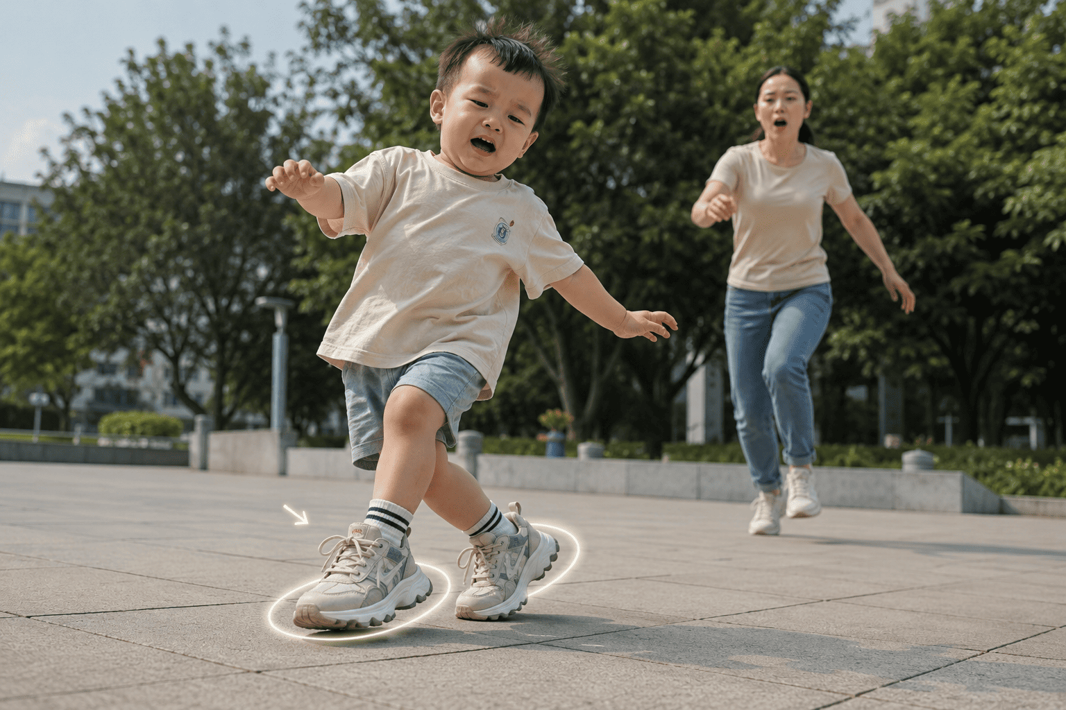 Trẻ hay tự vấp ngã: Cảnh báo từ những đôi giày đế loe hầm hố!