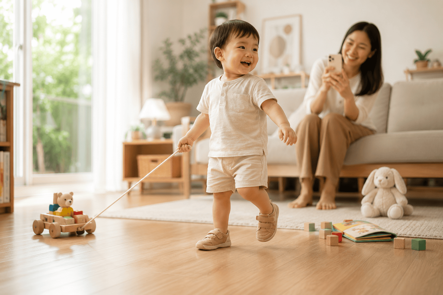 Vì sao không nên để bé vừa đi vừa kéo đồ chơi một tay?