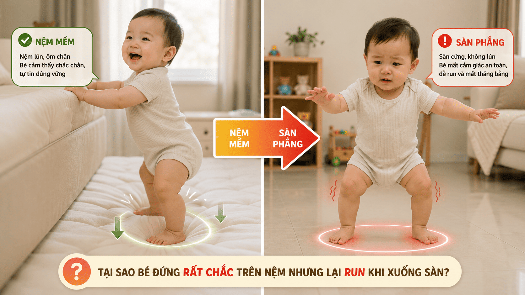 Vì sao không nên cho trẻ tập đứng, tập đi trên nệm giường?