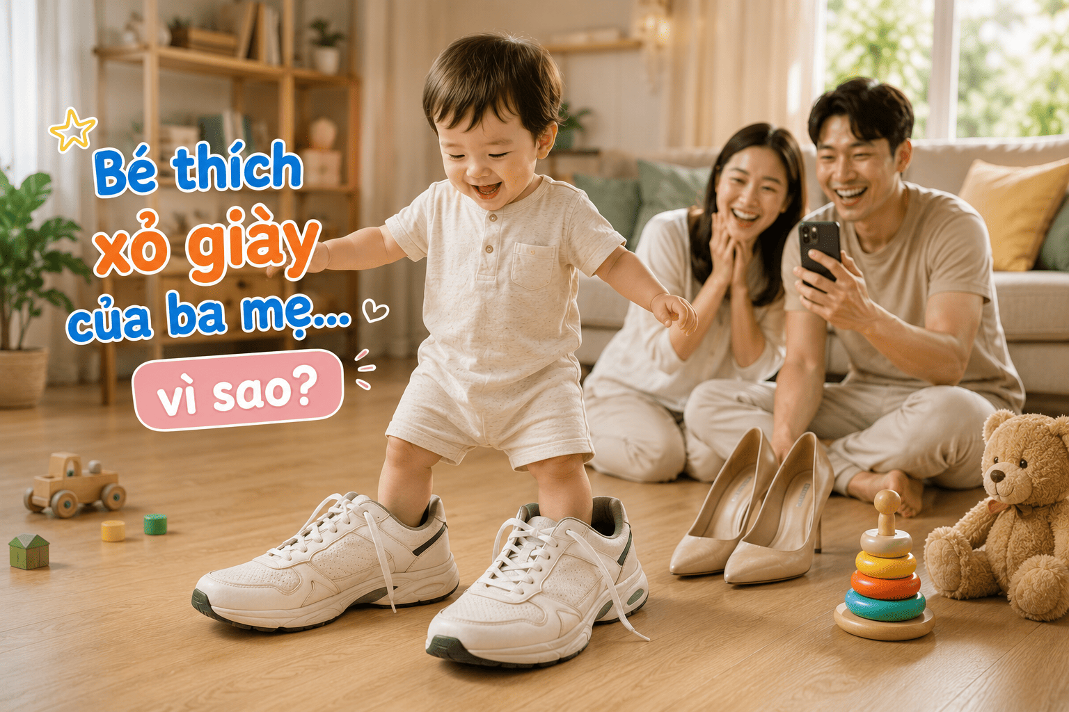 Bé thích xỏ giày của ba mẹ: Tưởng đáng yêu mà hại chân con?