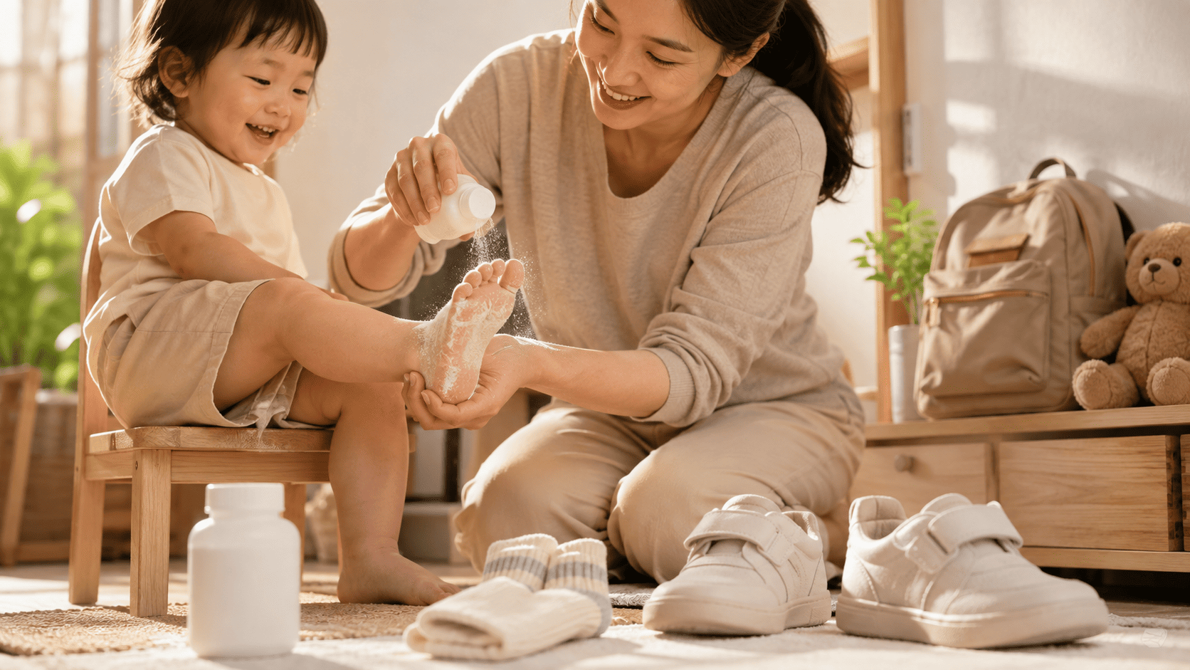 Rắc phấn rôm chống mồ hôi chân cho bé: Coi chừng loét kẽ ngón!