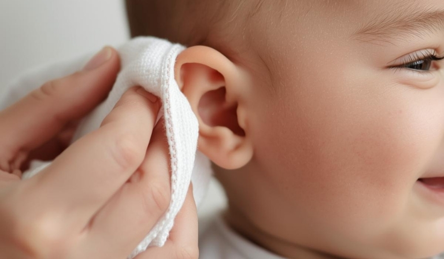 Dùng khăn mềm lau nhẹ vành tai là cách vệ sinh tai an toàn nhất cho bé.