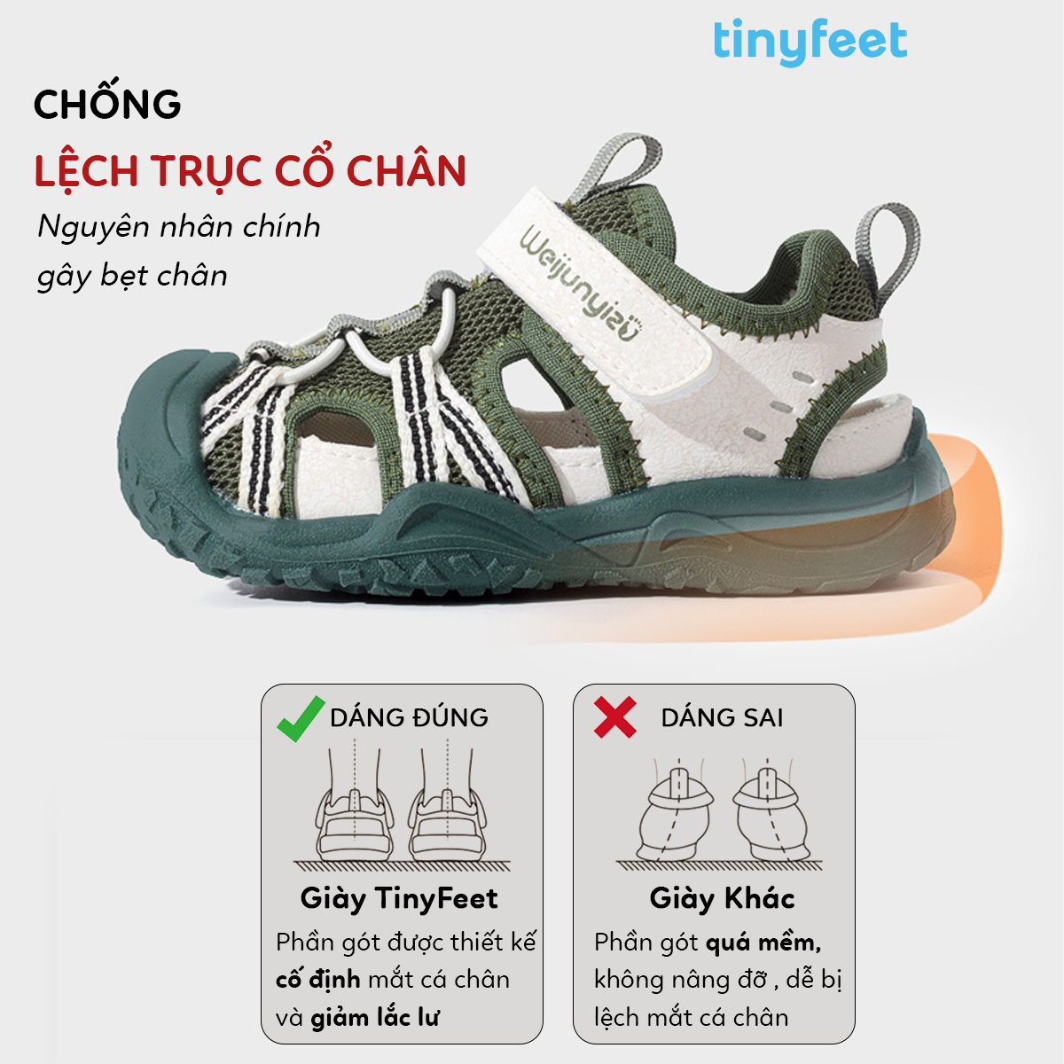 Gót giày Tinyfeet có lớp Heel Counter cứng cáp giúp định hình trục xương chân bé.