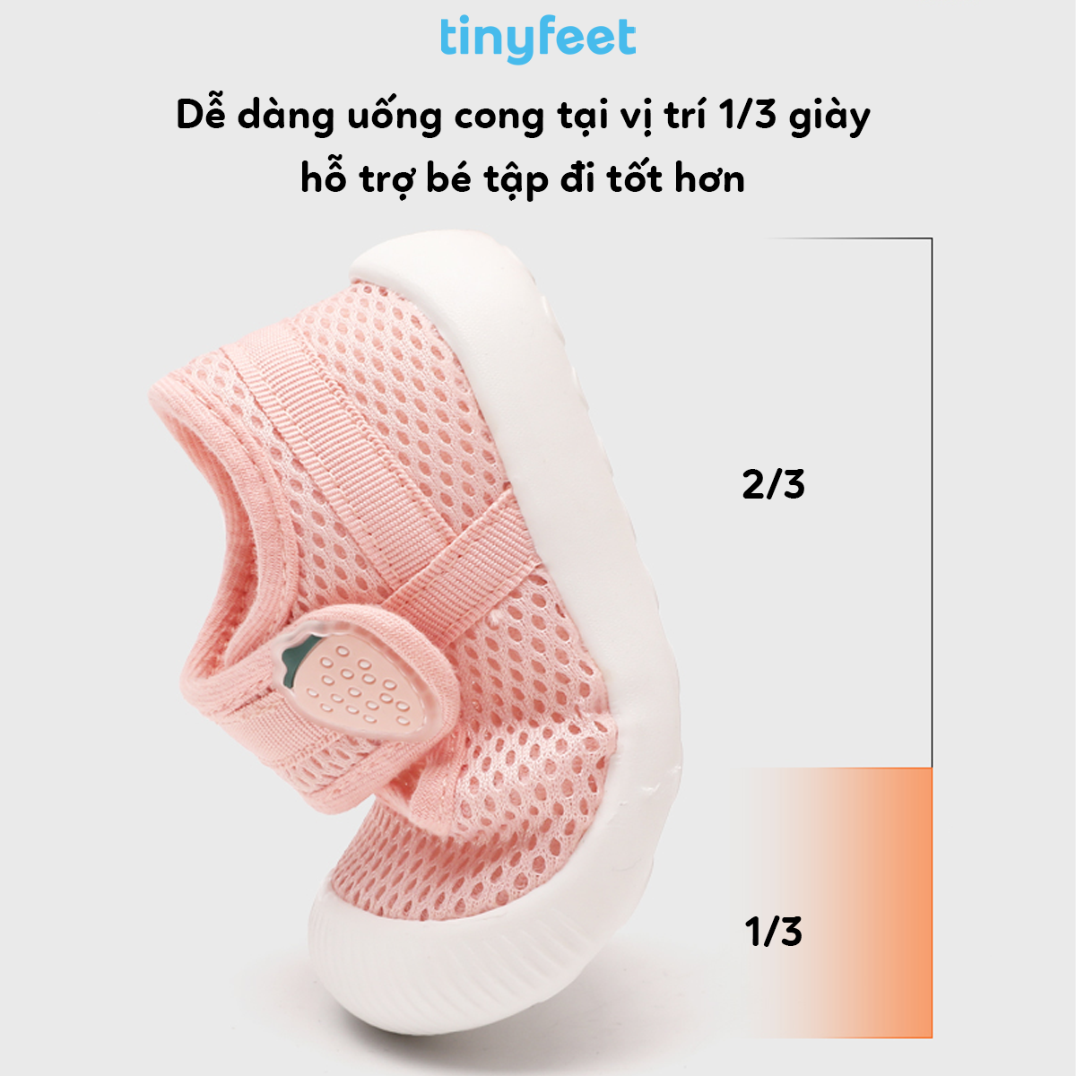 Đế giày tập đi uốn cong đúng tỷ lệ vàng 1/3 hỗ trợ khớp ngón chân bé phát triển