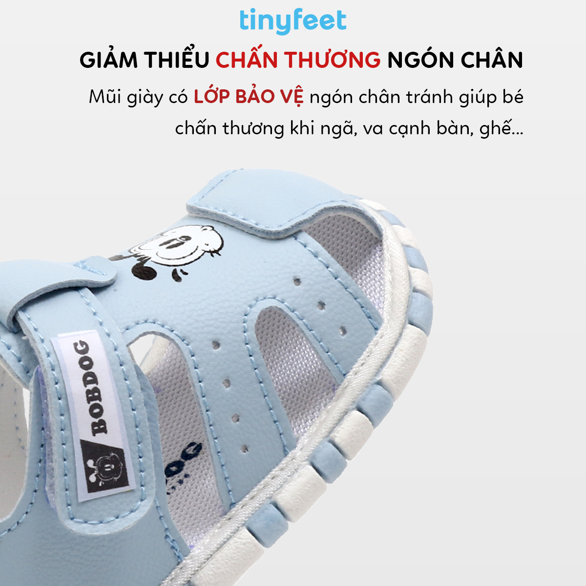 Giày trẻ em Tinyfeet thiết kế mũi rộng giúp bảo vệ móng chân bé khi chạy nhảy.