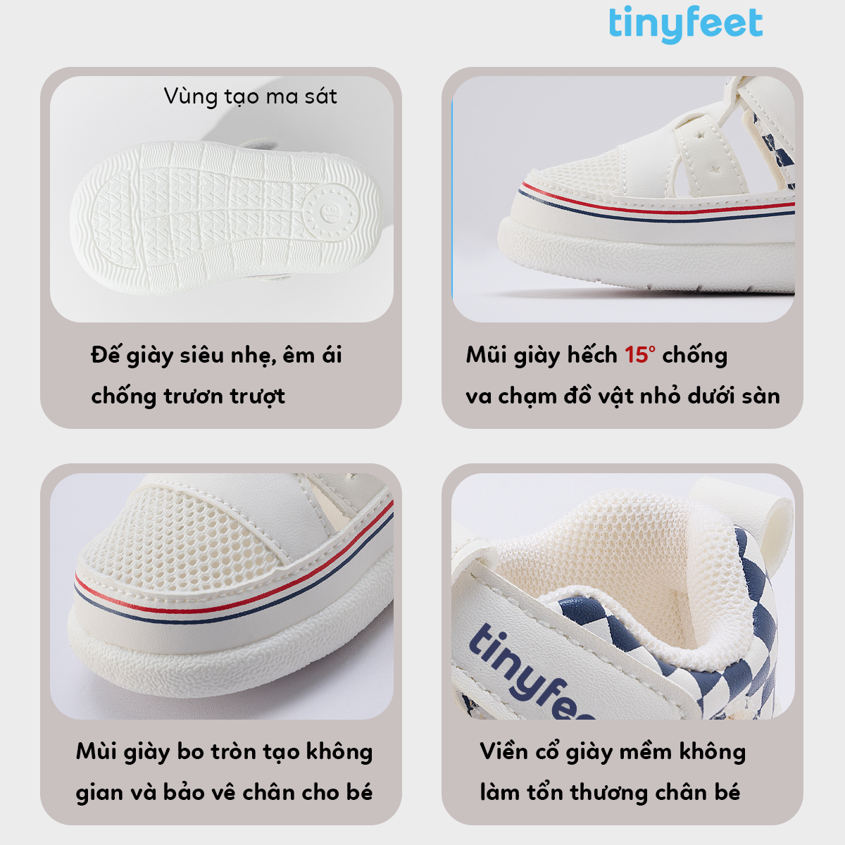 Đế giày tập đi của Tinyfeet có đế giày chống trơn trượt giúp bé tập đi tốt hơn