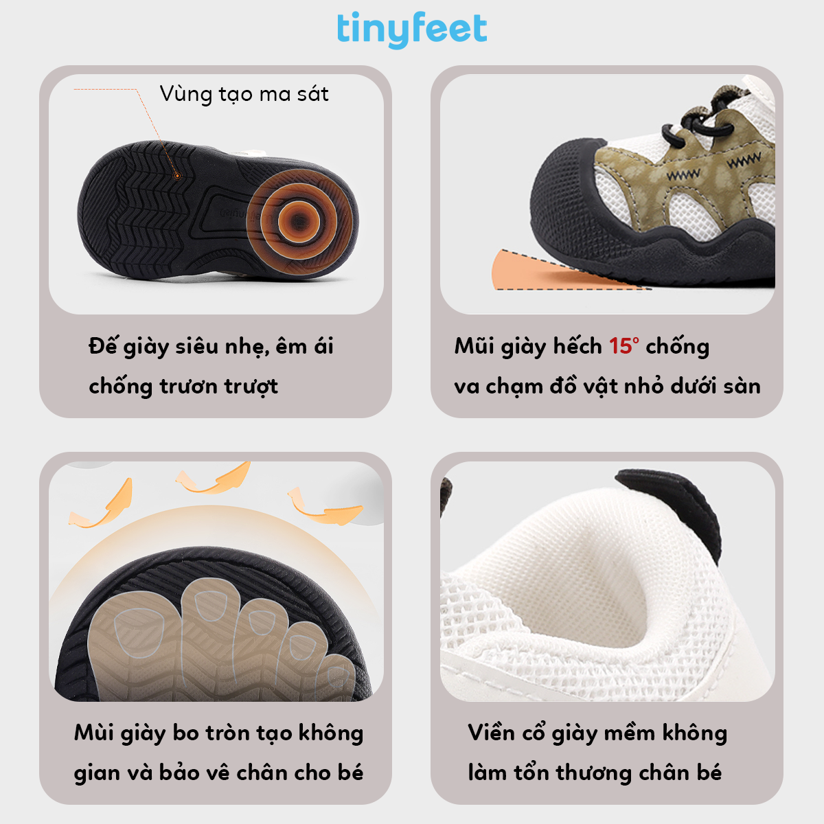 Giày búp bê Tinyfeet sử dụng họa tiết thêu an toàn thay vì đính hạt nhựa.
