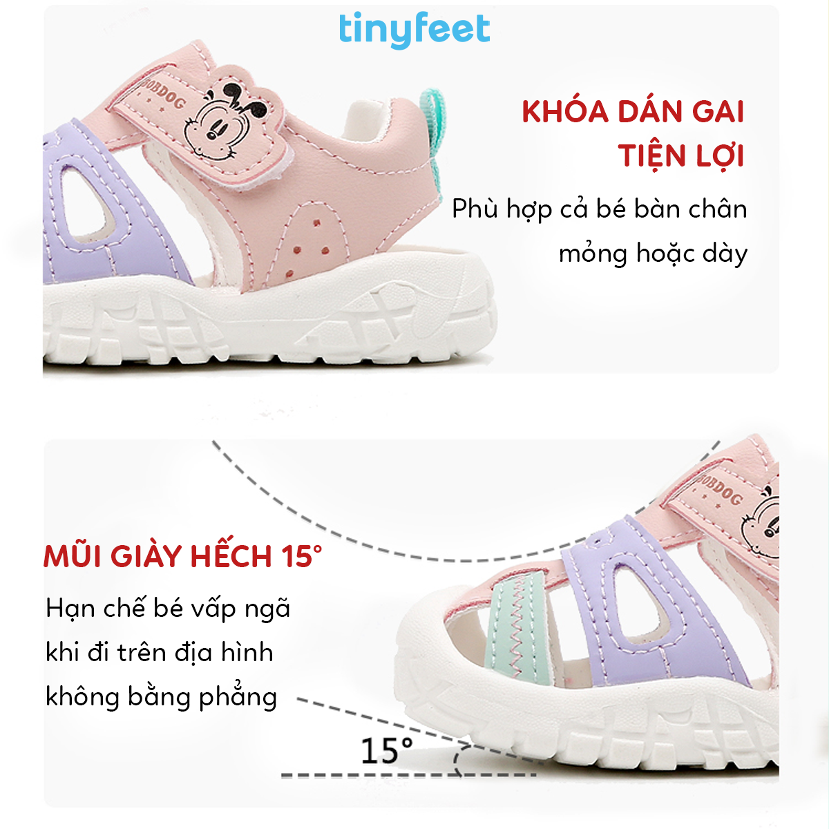 Quai dán Velcro điều chỉnh linh hoạt giúp giày ôm sát chân bé gầy.